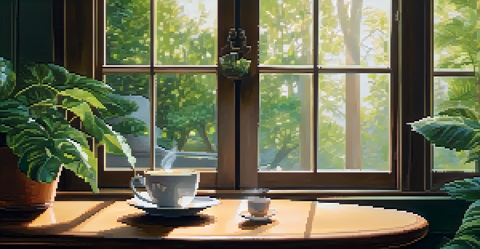 A person enjoying a warm cup of coffee at a table, eyes closed, smiling, with sunlight filtering through a window and indoor plants in the background.