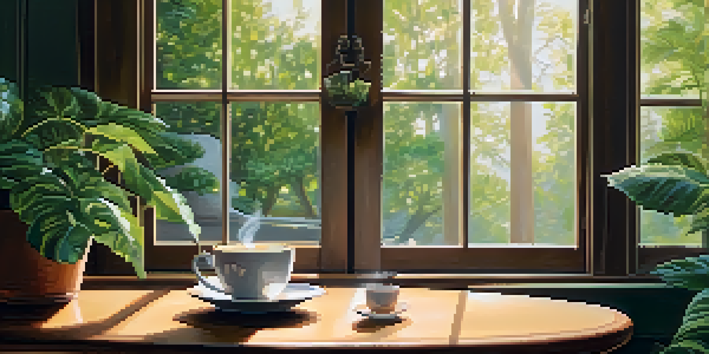 A person enjoying a warm cup of coffee at a table, eyes closed, smiling, with sunlight filtering through a window and indoor plants in the background.