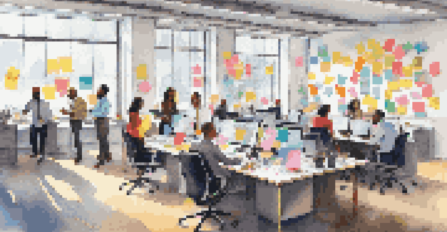 A diverse group of employees collaborating in a bright office setting, working together around a conference table with laptops and sticky notes.