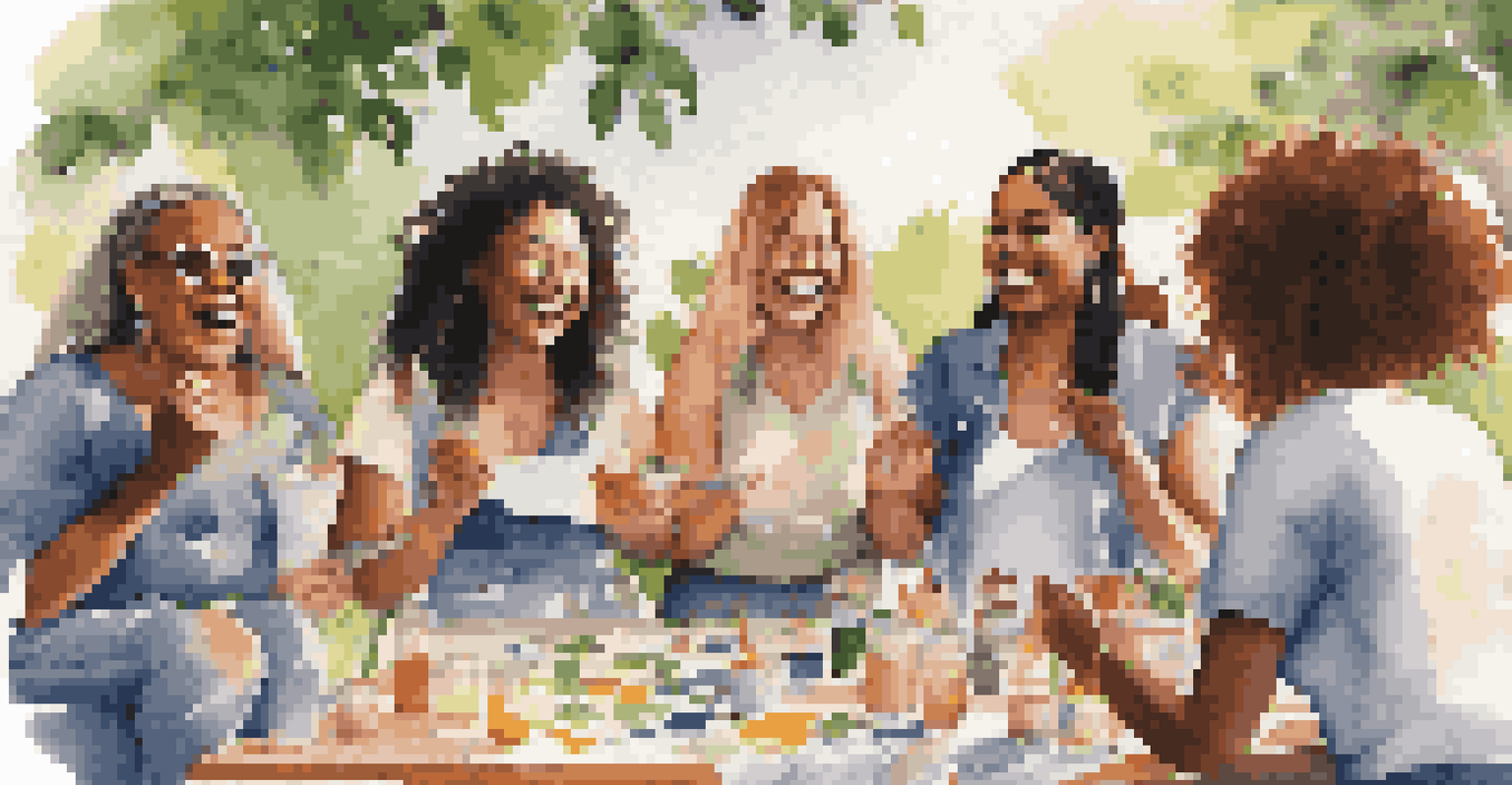 A diverse group of women enjoying a workshop outdoors, laughing and sharing experiences in a sunny, vibrant setting.