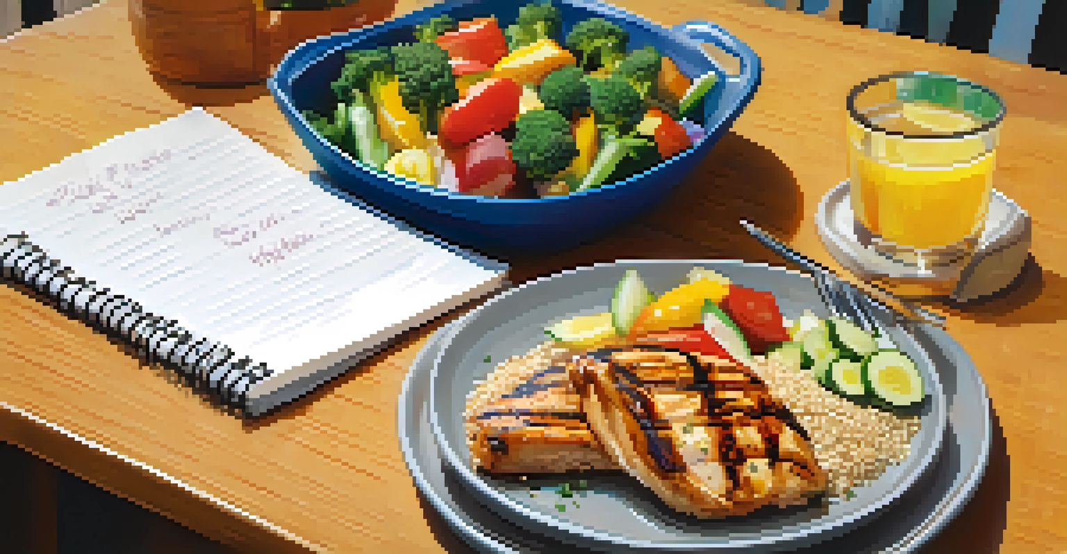 A healthy meal with vegetables, grilled chicken, and quinoa on a dining table with a notepad in the background.