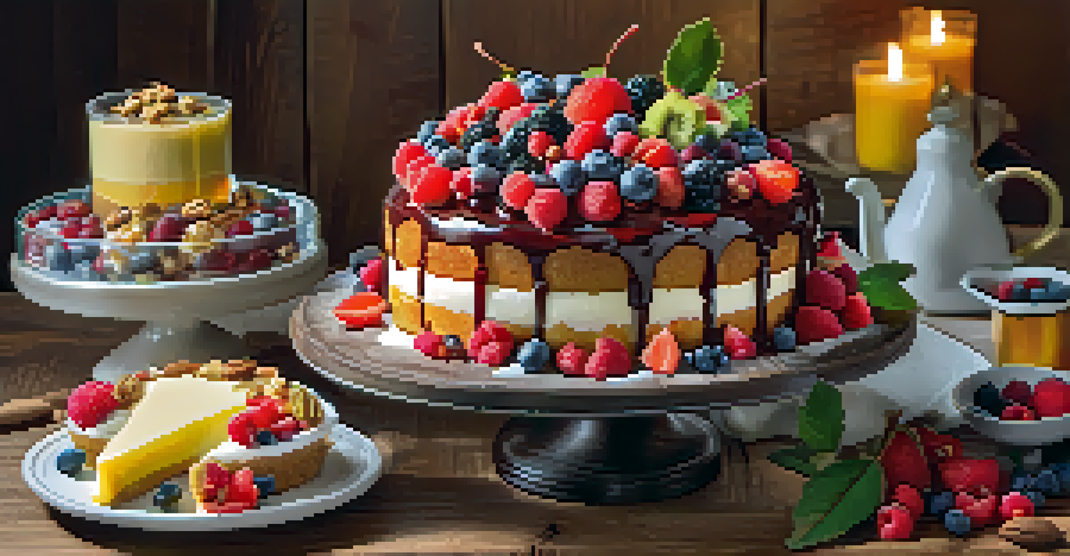 A festive dessert display with a fruit platter, yogurt parfaits, and a decorated cake on a wooden table, enhanced by soft lighting.