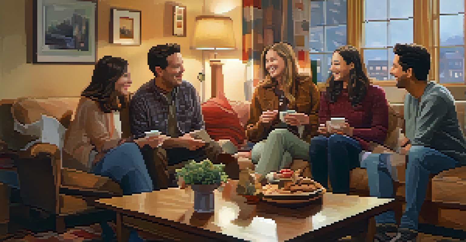 Friends enjoying a cozy gathering in a living room, sharing laughter and stories.