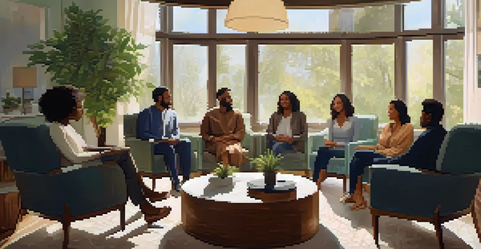 A group therapy session with diverse participants sitting in a circle, sharing stories in a cozy, well-lit room with plants.