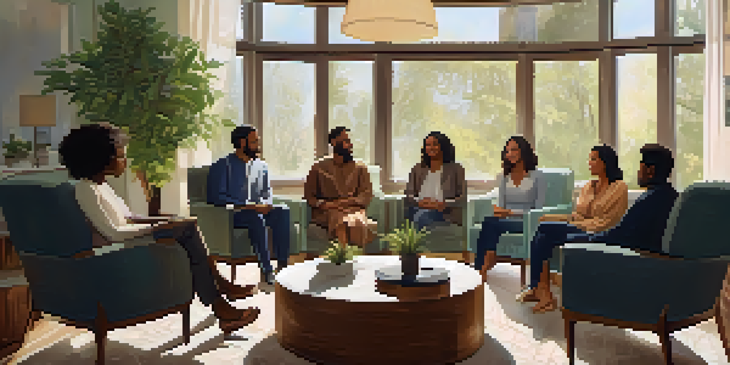 A group therapy session with diverse participants sitting in a circle, sharing stories in a cozy, well-lit room with plants.