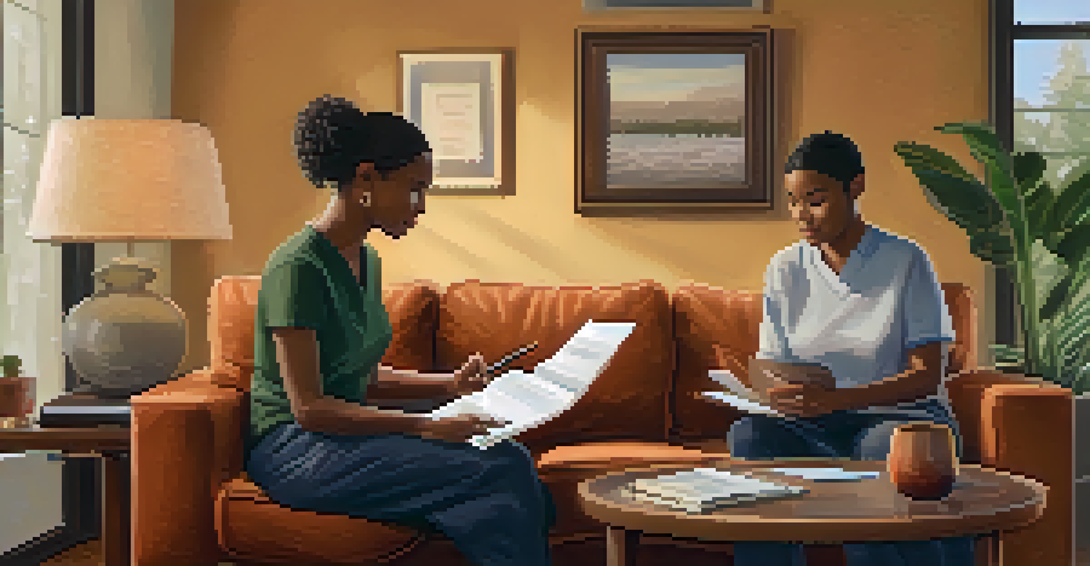 A caregiver and a loved one in a living room, preparing questions for a healthcare provider together.