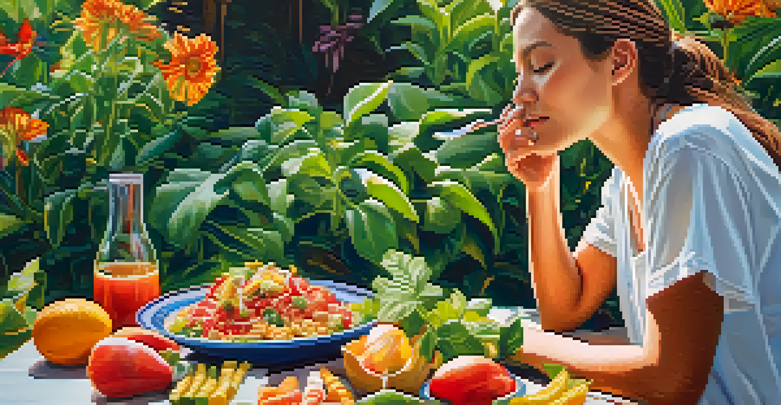 A person with closed eyes enjoying a bite of food in a garden, expressing joy and mindfulness in their eating experience.