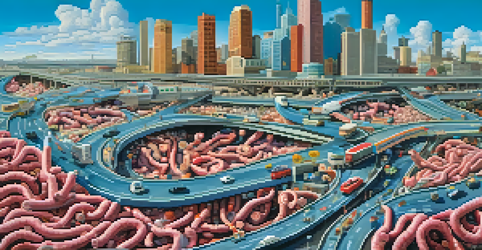 A creative cityscape depicting the human gut, with highways and figures representing bacteria in balance.