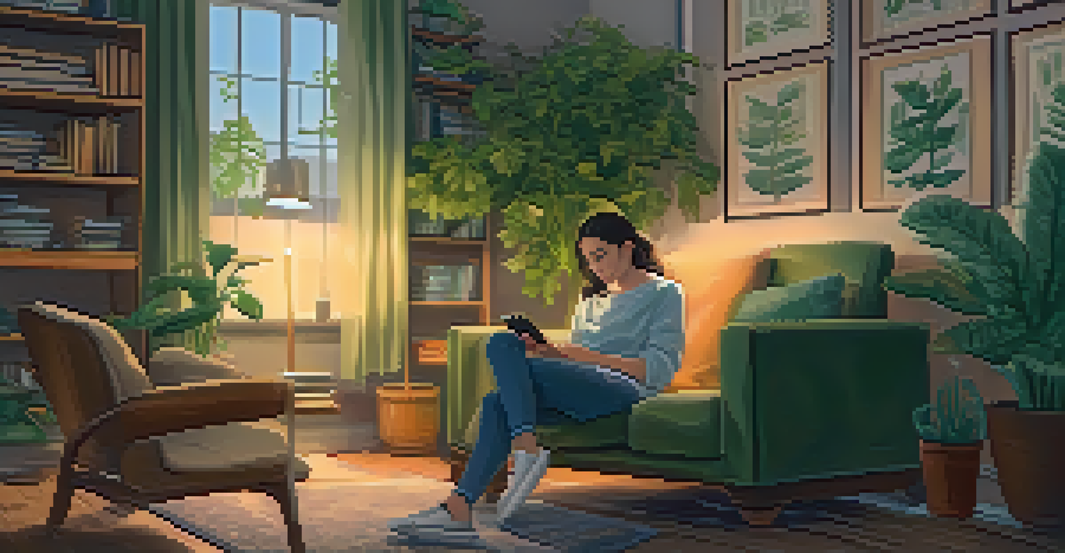 A person sitting in a cozy armchair, using a mental health app on their smartphone in a warmly lit room.