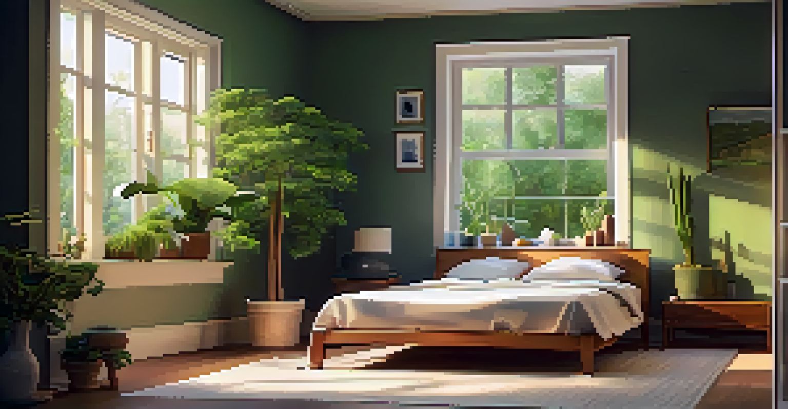 A person practicing gentle yoga on a soft mat in a tranquil bedroom filled with warm lighting, candles, and a view of a peaceful garden outside.