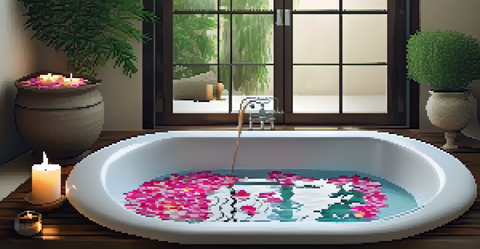 A peaceful bath scene with a tub filled with water, flower petals, and tea tree oil, illuminated by soft lighting.