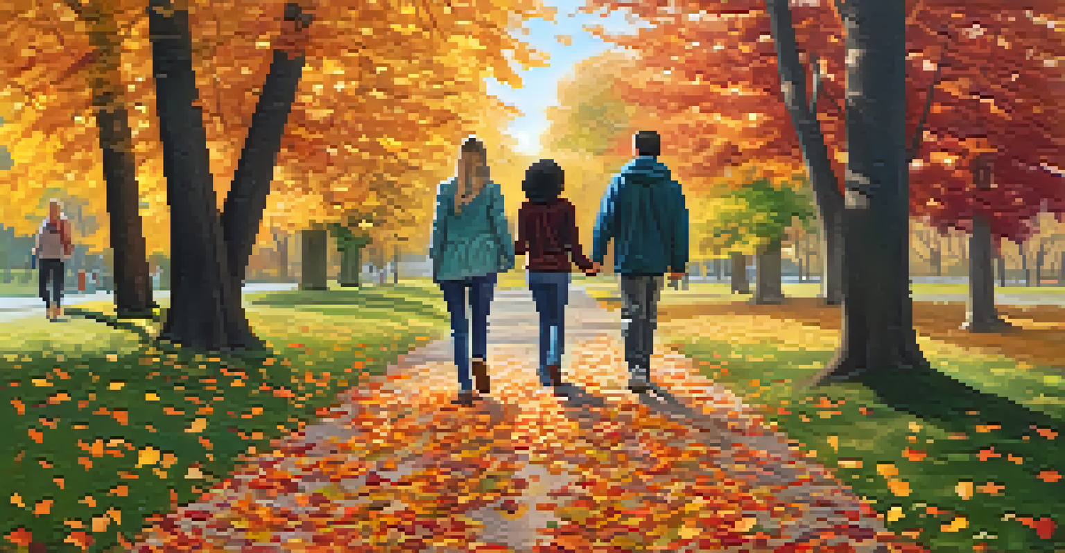 A diverse group of people walking on a leaf-covered path during autumn, smiling and practicing mindfulness.