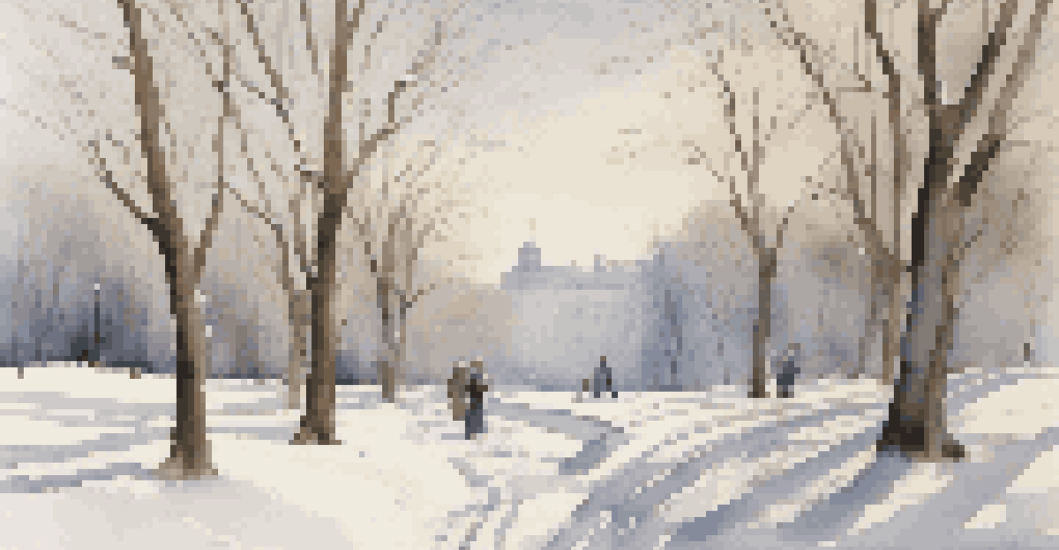 A peaceful winter park covered in snow, with a winding path and people walking in warm clothing.