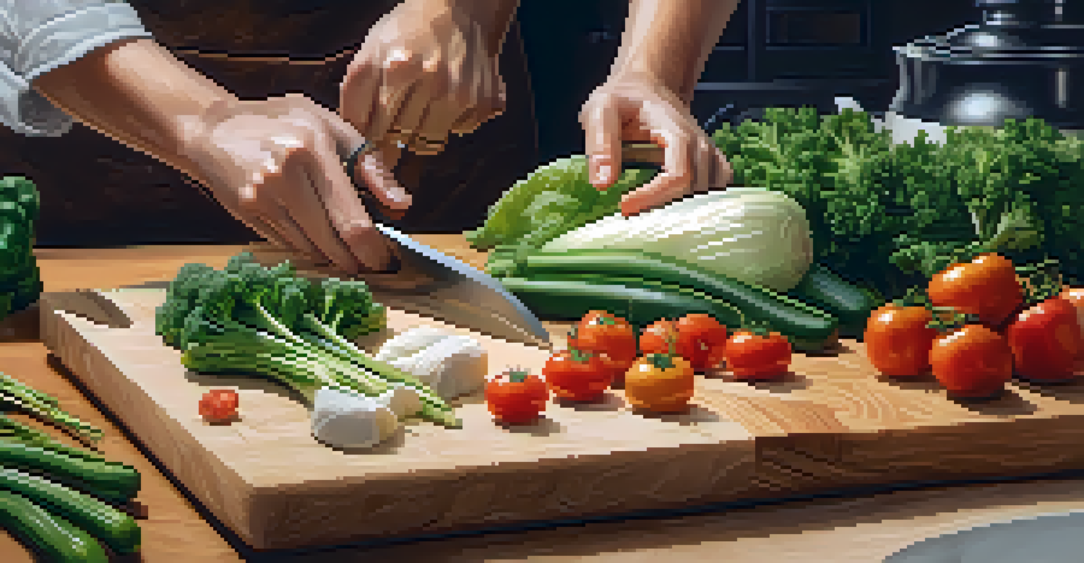 Close-up of hands chopping fresh vegetables on a wooden cutting board in a kitchen setting.