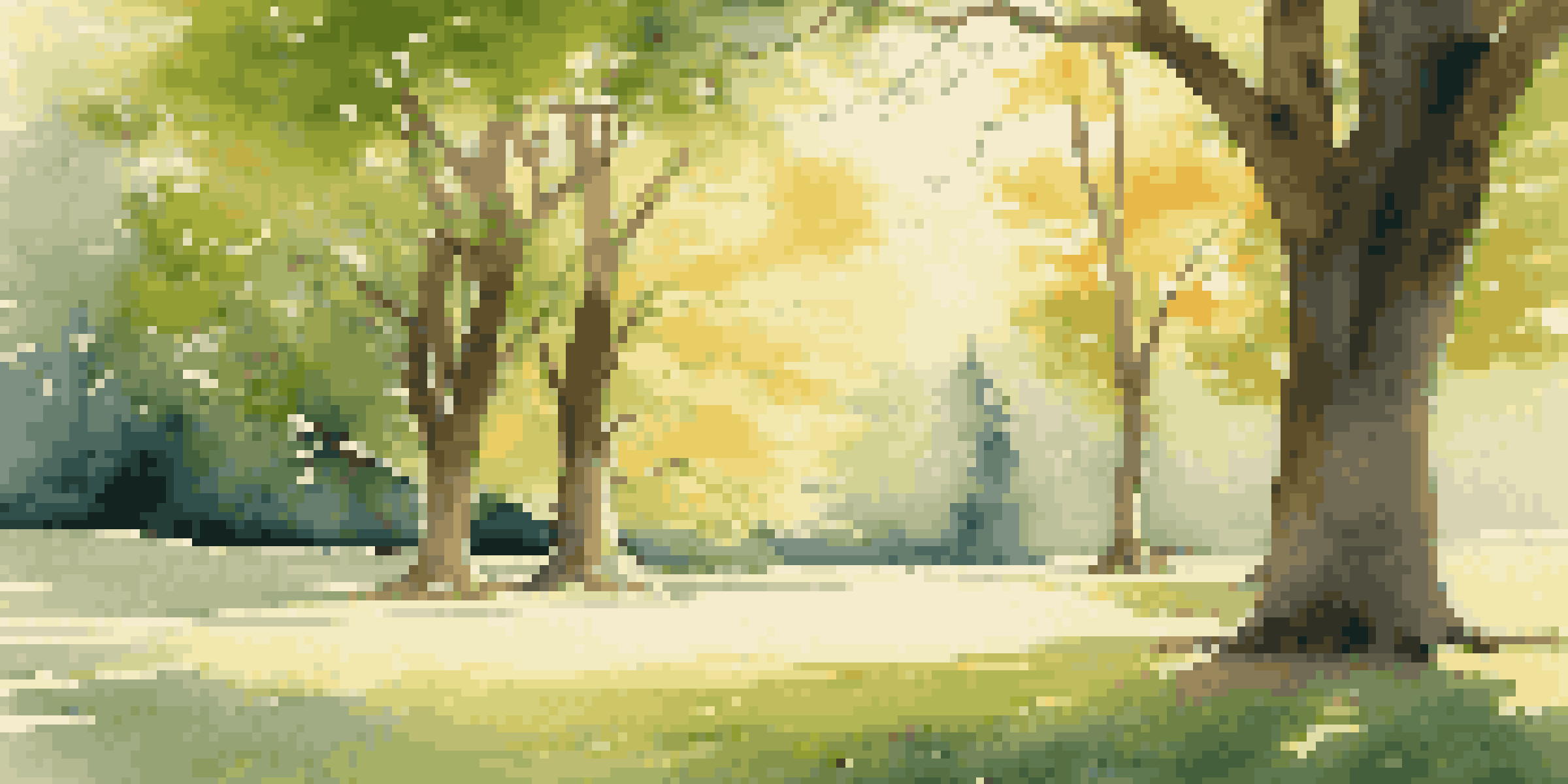 A person meditating in a park during golden hour with sunlight filtering through the trees and flowers blooming around them.