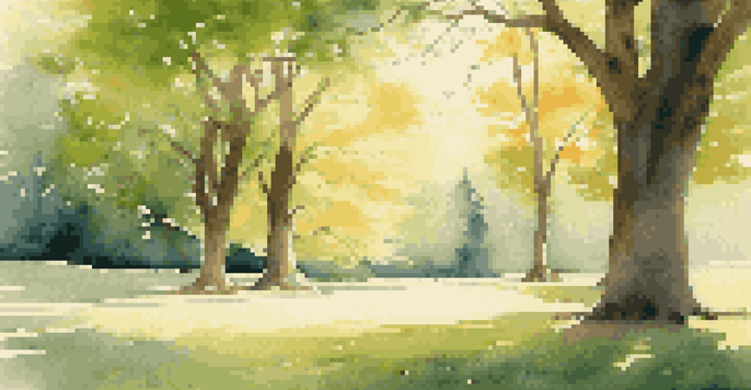 A person meditating in a park during golden hour with sunlight filtering through the trees and flowers blooming around them.