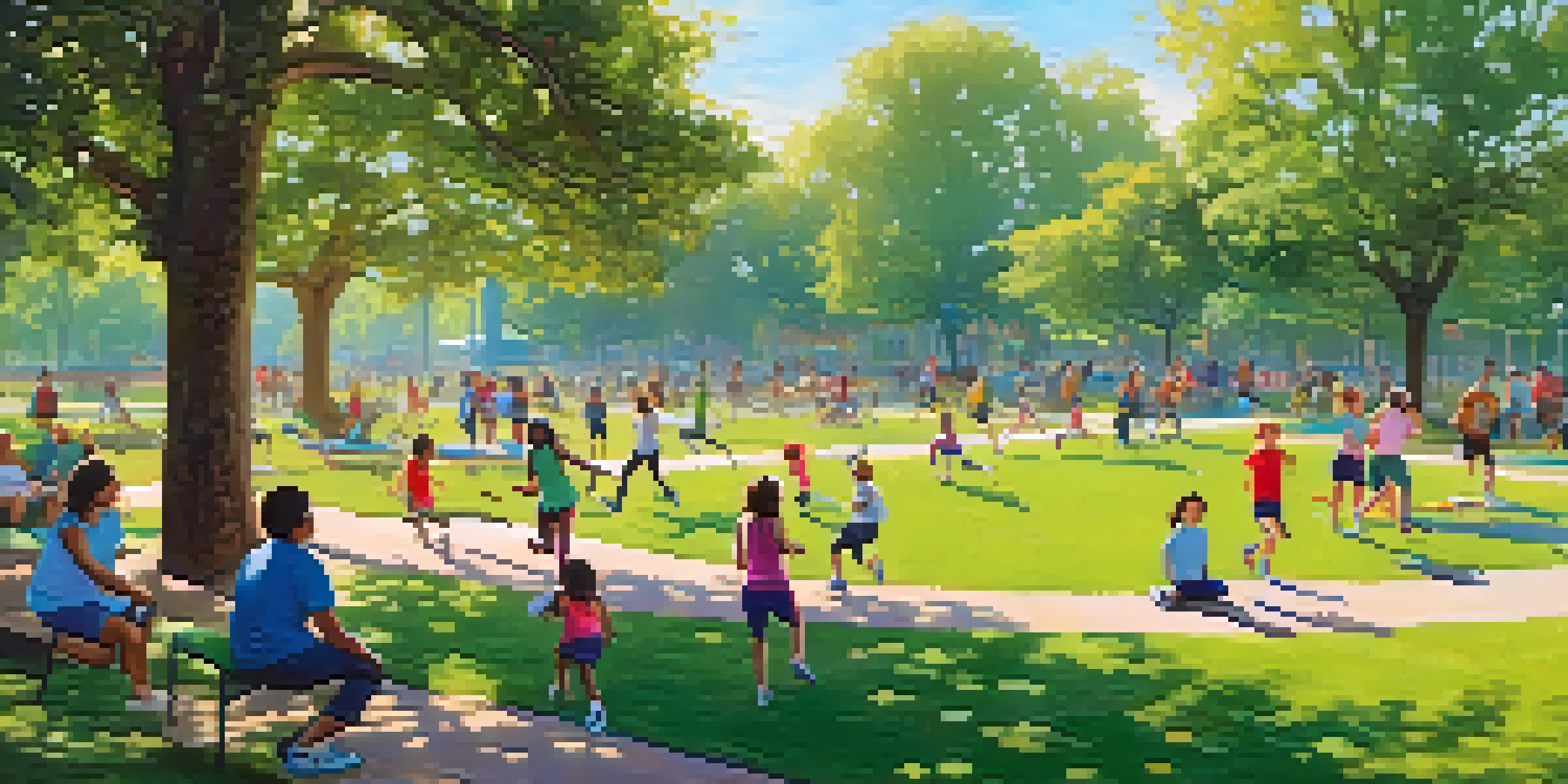 A lively community park with people of different backgrounds engaging in physical activities like jogging and yoga, surrounded by greenery and flowers under a sunny sky.