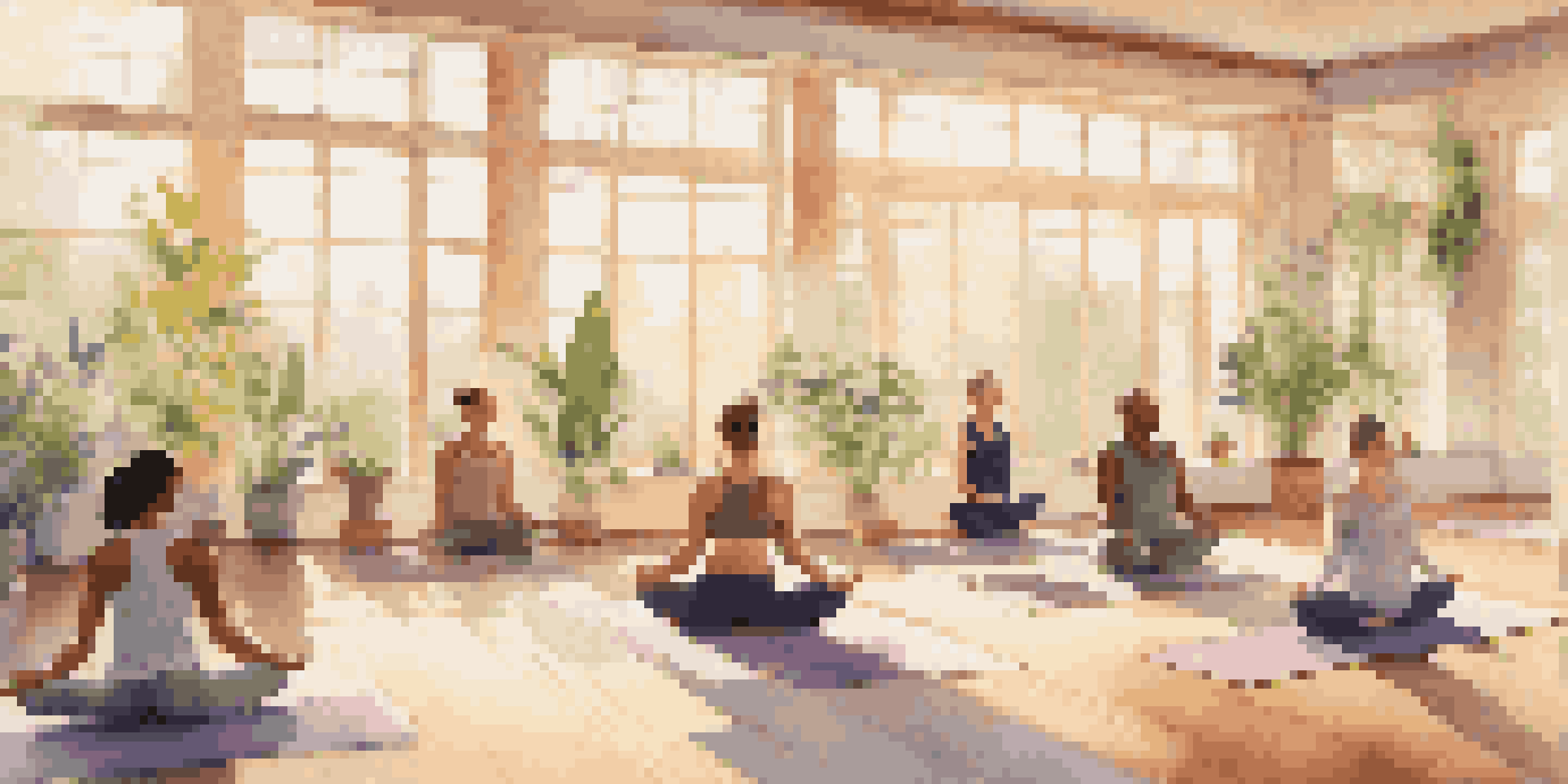 A diverse group of individuals practicing yoga in a bright, sunlit room with large windows and plants, creating a peaceful environment.