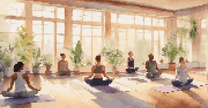 A diverse group of individuals practicing yoga in a bright, sunlit room with large windows and plants, creating a peaceful environment.