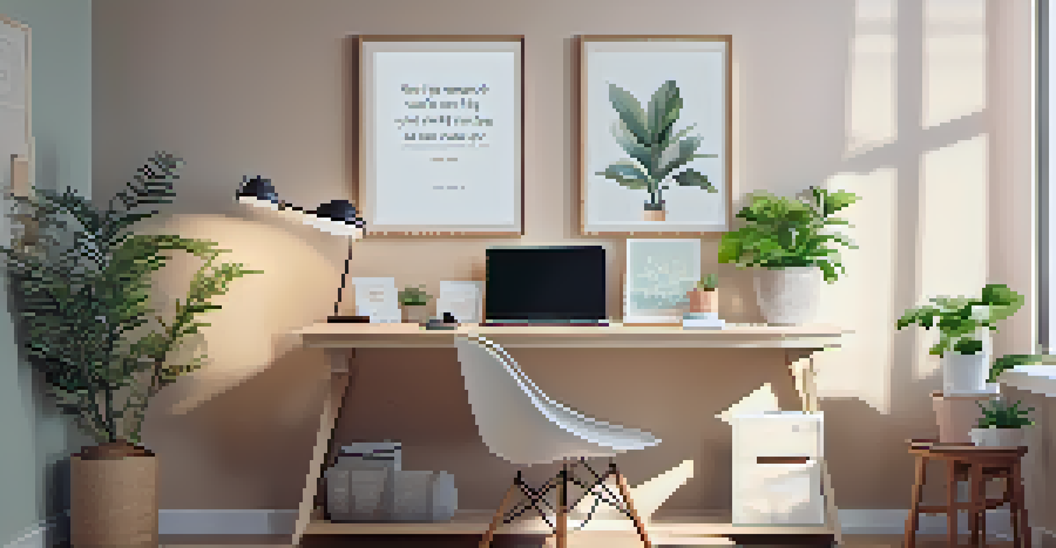 A tranquil workspace with a laptop, stress ball, and a motivational quote, designed for mental well-being.