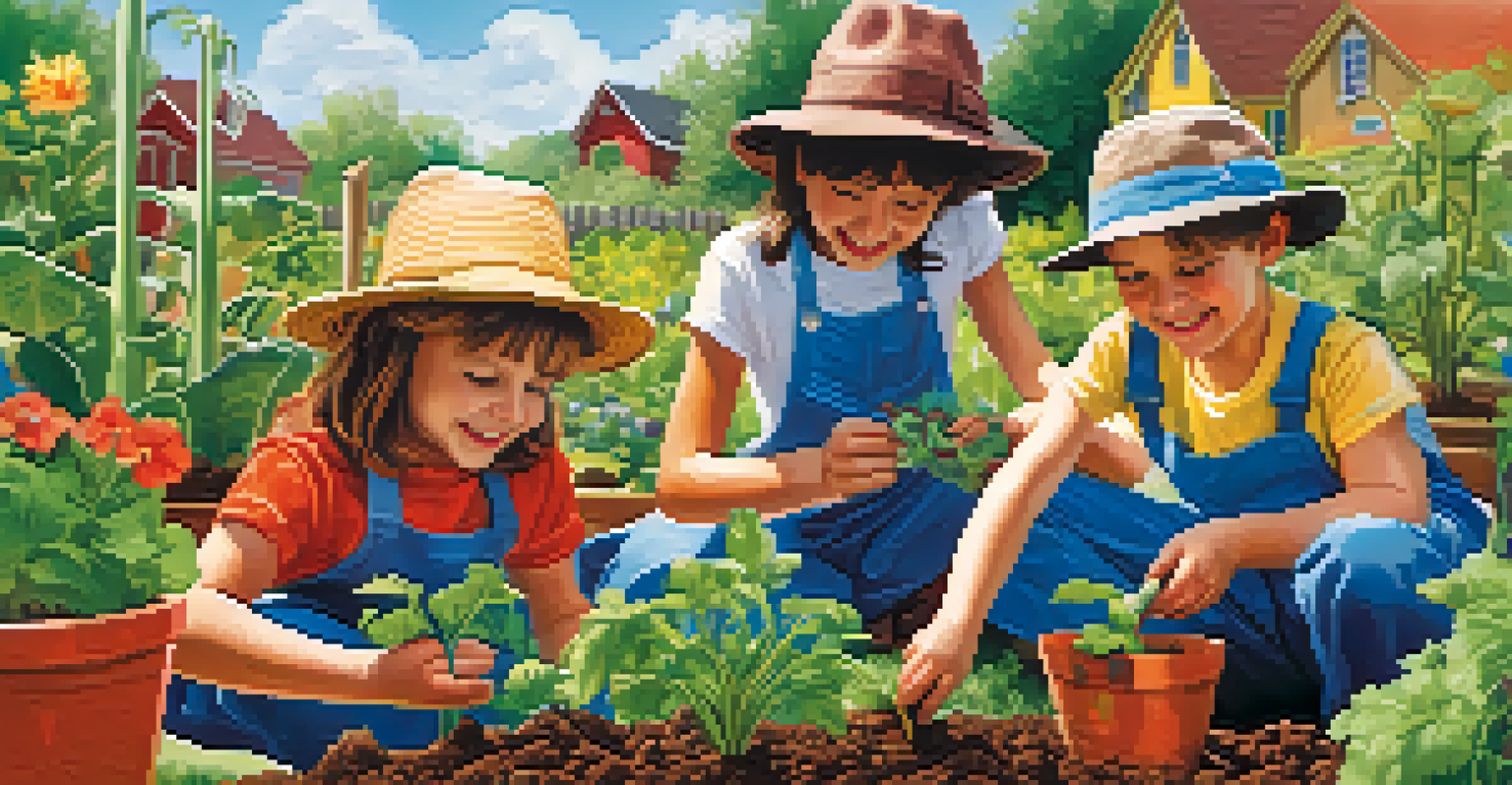Children planting seeds in a vegetable garden, enjoying hands-on gardening activities.