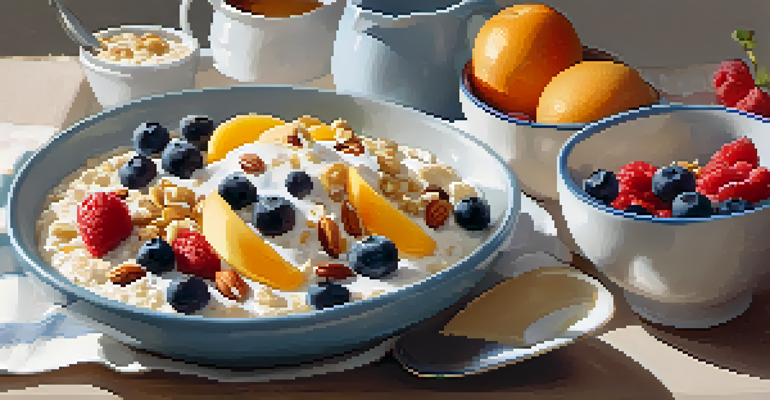 A close-up of a breakfast spread with overnight oats, fresh fruits, and egg muffins, illuminated by morning light.