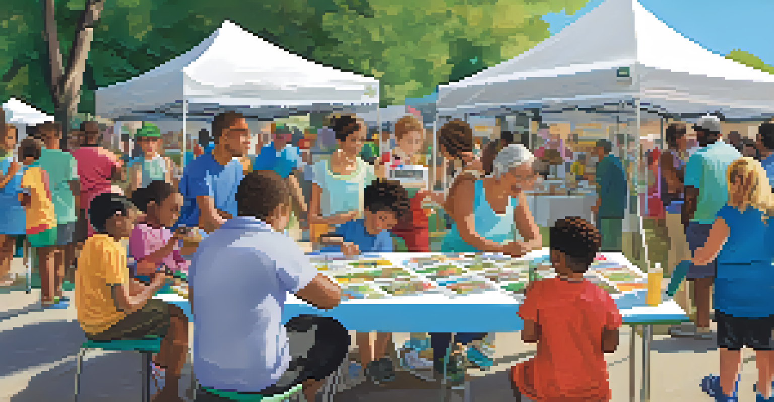 A community health fair with diverse participants engaging in workshops about nutrition and exercise.