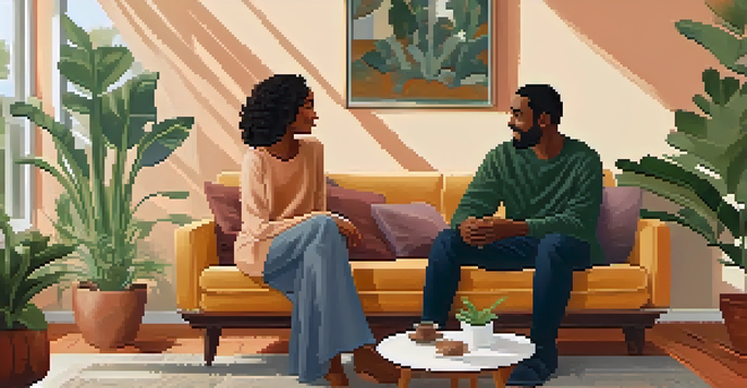 A couple sitting on a couch in a cozy living room, holding hands and having a supportive conversation.