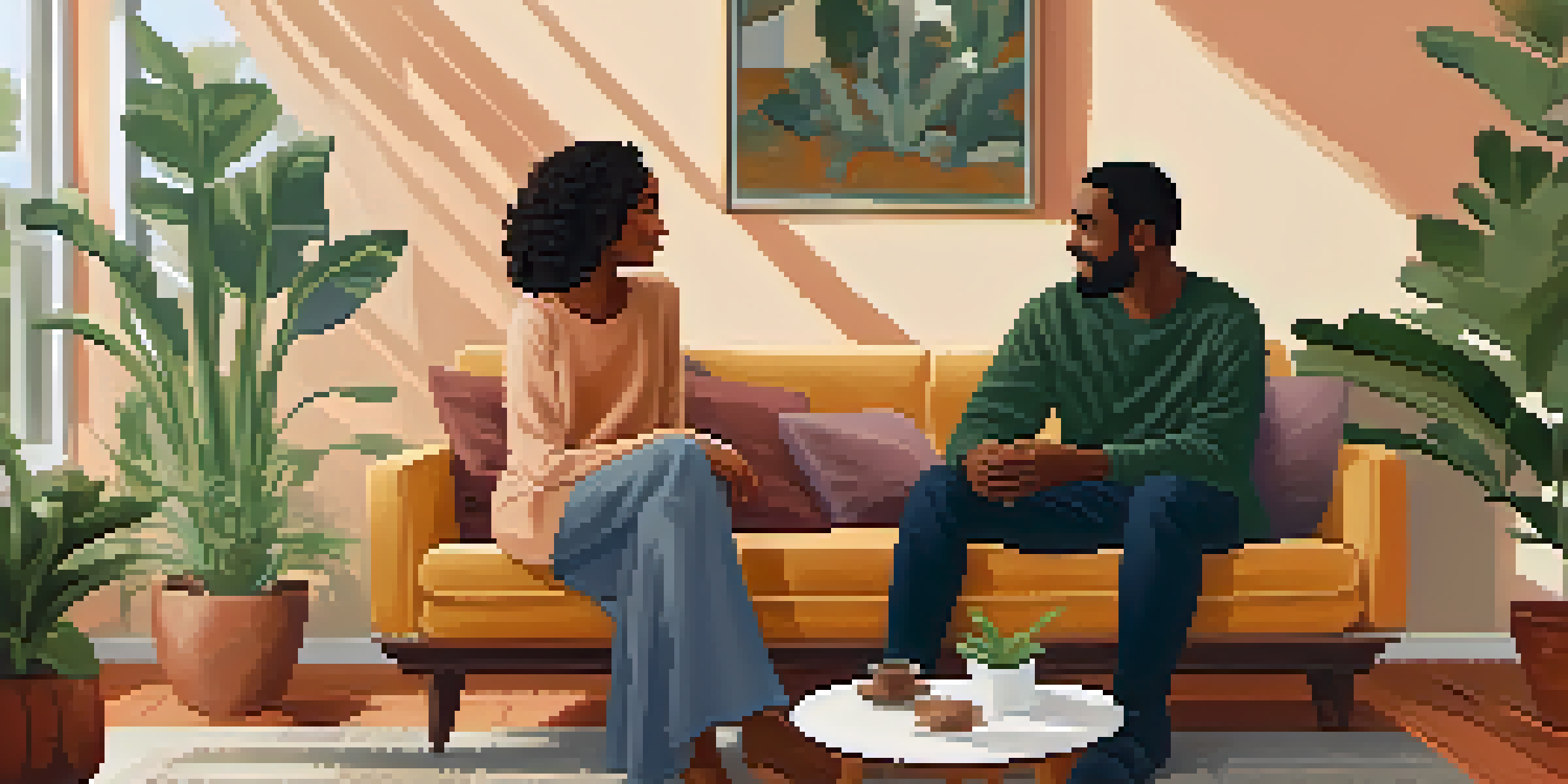 A couple sitting on a couch in a cozy living room, holding hands and having a supportive conversation.