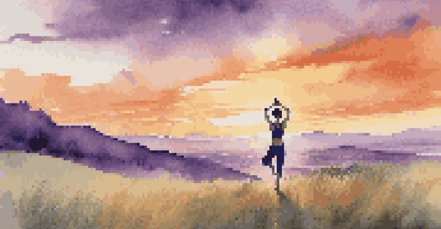 A person practicing yoga outdoors at sunset, surrounded by a tranquil landscape of vibrant skies and distant mountains.