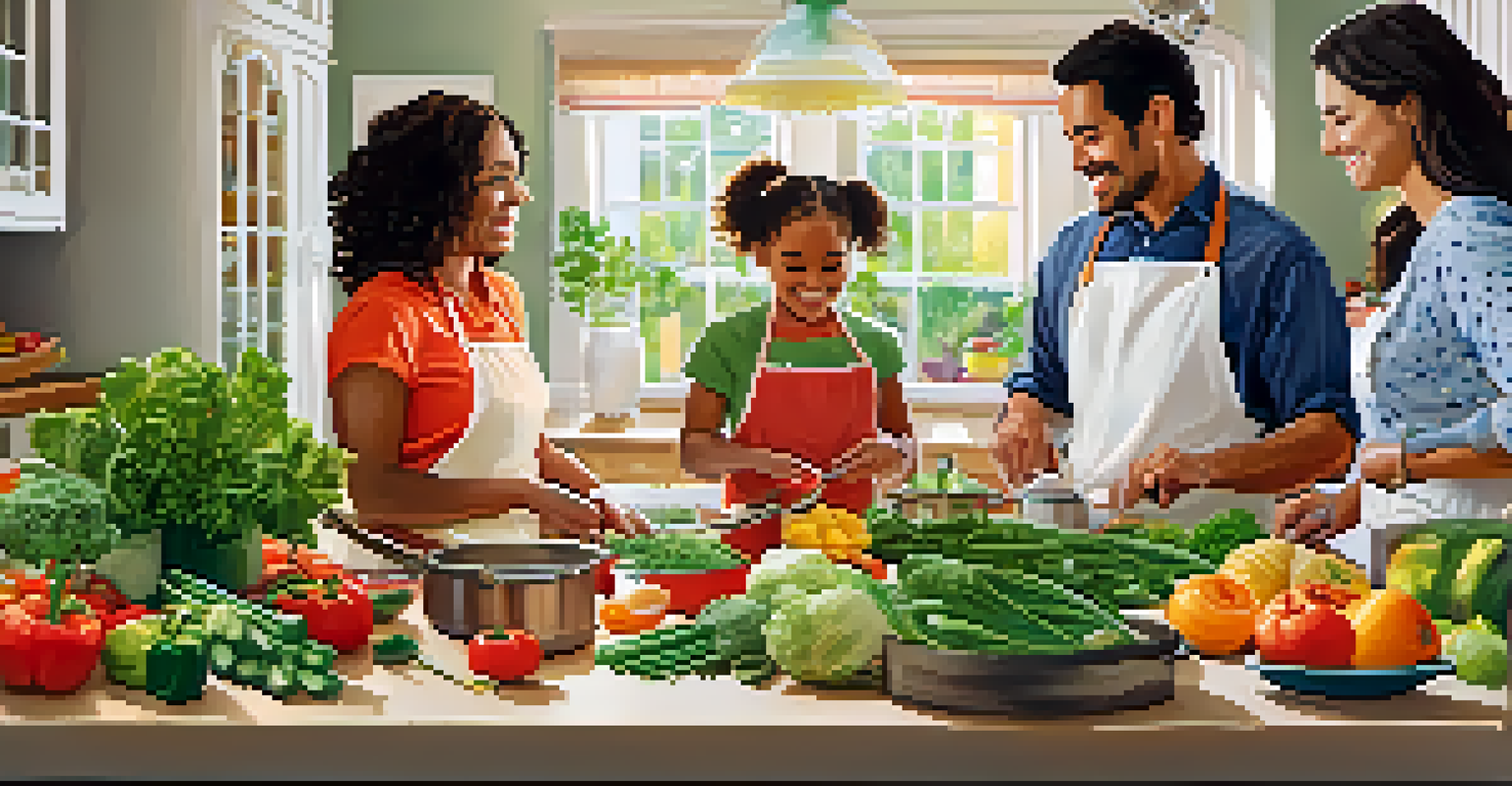 A family cooking healthy meals together in a bright kitchen filled with colorful vegetables, enjoying their time in the kitchen.