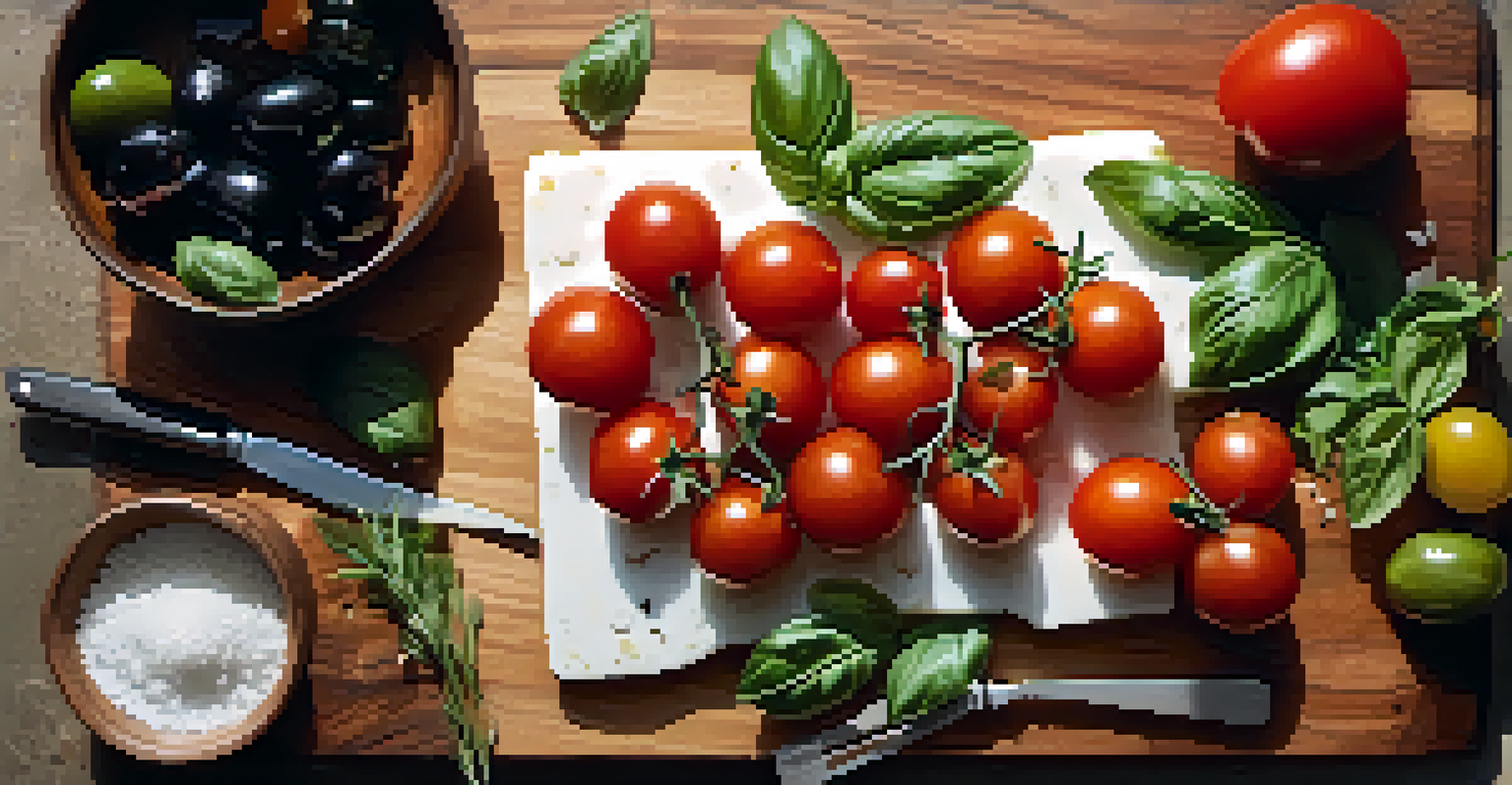 An overhead view of a cutting board with summer tomatoes, basil, and mozzarella cheese, accompanied by olive oil and sea salt, illuminated by natural light.