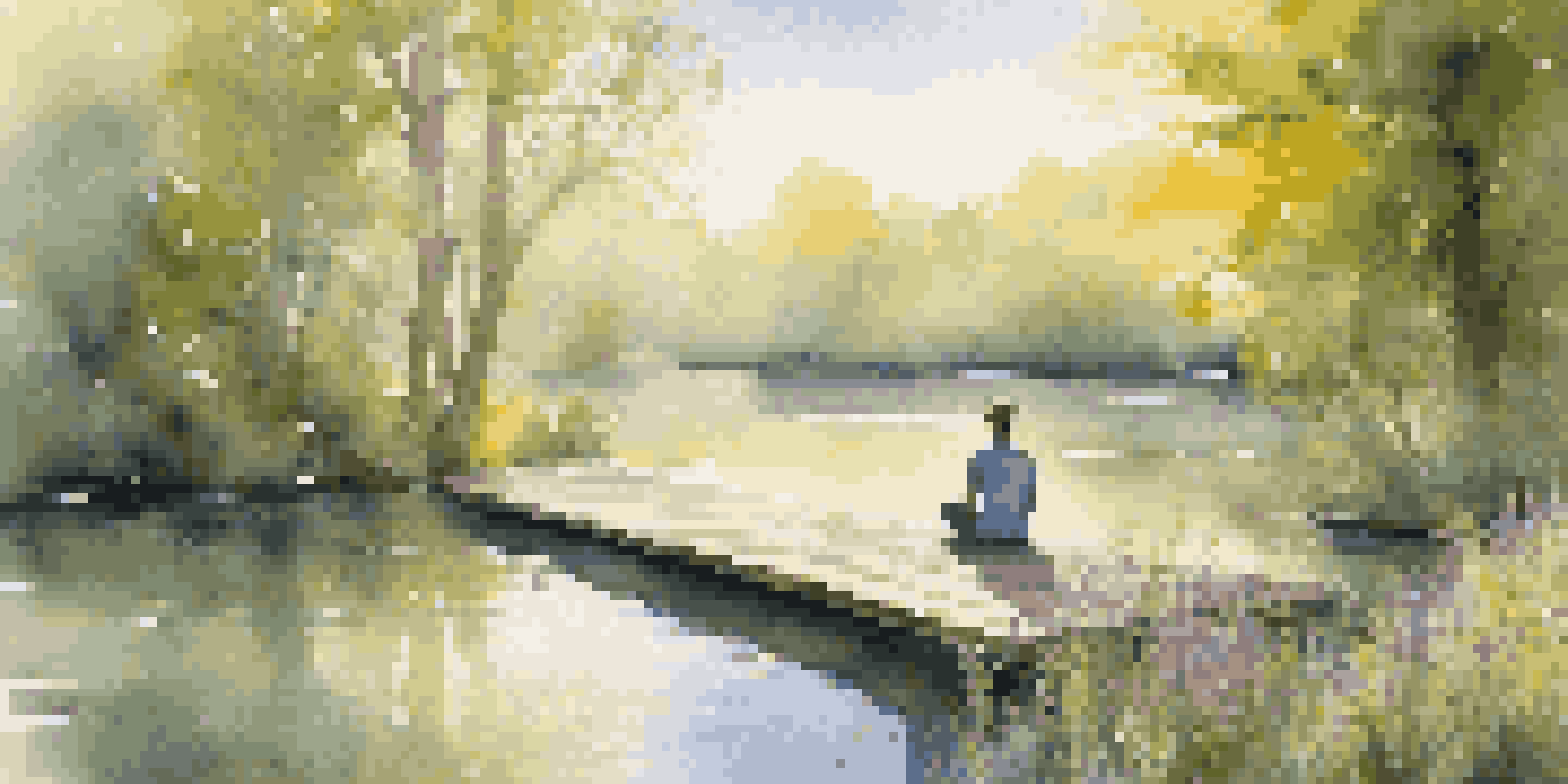 A person sitting cross-legged on a dock by a calm lake, practicing mindfulness amidst nature, with sunlight filtering through trees.