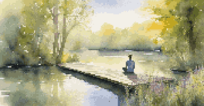 A person sitting cross-legged on a dock by a calm lake, practicing mindfulness amidst nature, with sunlight filtering through trees.