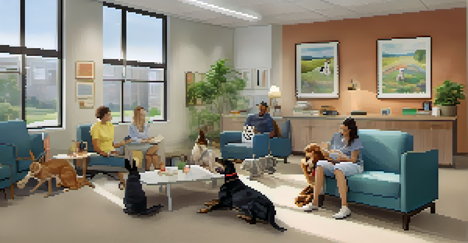 An office break area with therapy animals and employees interacting in a relaxed atmosphere.