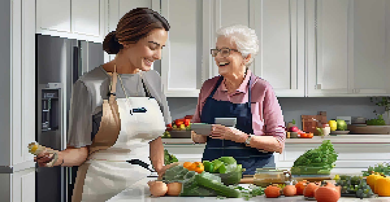 An elderly woman using a voice-activated assistant in a modern kitchen while preparing a meal.