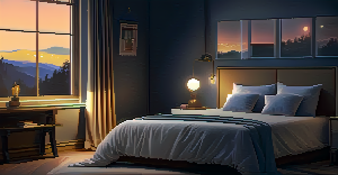 A cozy bedroom with a neatly made bed, warm lighting, and a starry night visible through the window.