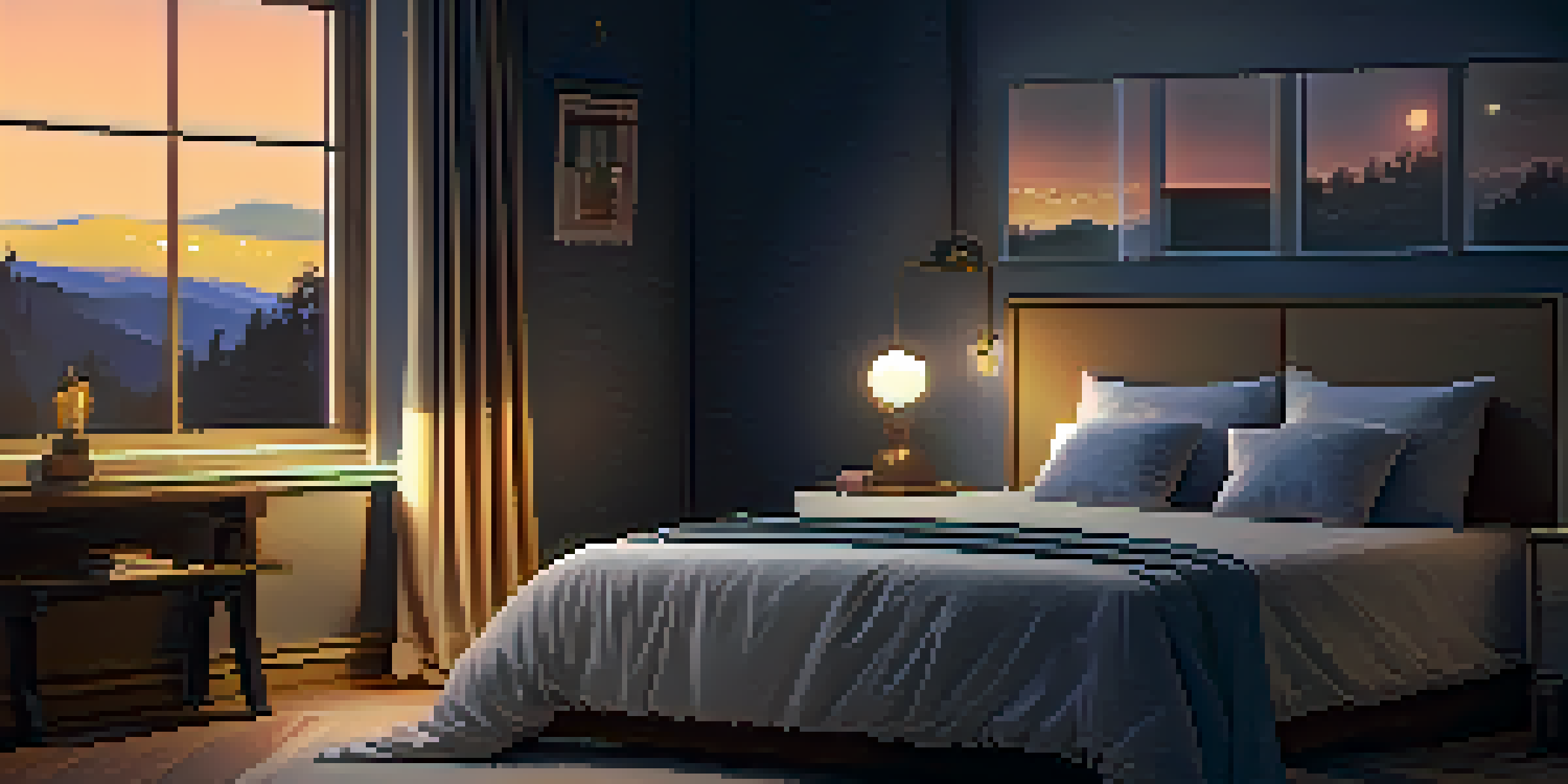 A cozy bedroom with a neatly made bed, warm lighting, and a starry night visible through the window.