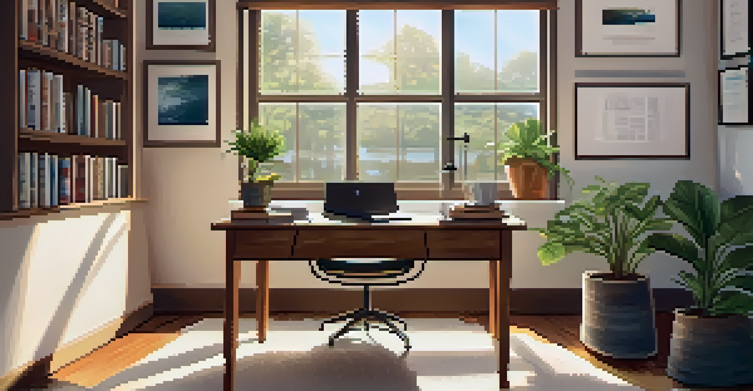 A cozy home office with a wooden desk, laptop, potted plants, and sunlight streaming through the window.