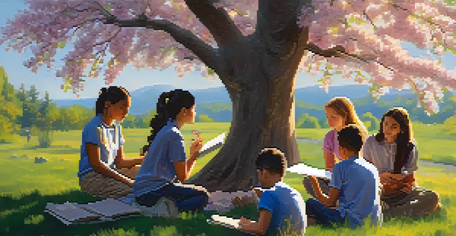Students practicing mindful observation in nature, closely examining a flowering tree with vibrant colors and warm sunlight.