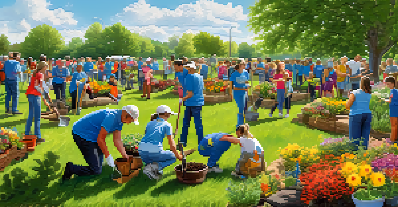 Community volunteers planting trees and flowers together in a park, showcasing teamwork and smiles against a clear blue sky.