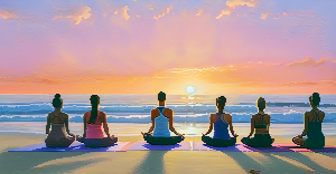 A diverse group of individuals practicing yoga on a beach at sunrise, with a colorful sky and gentle ocean waves.