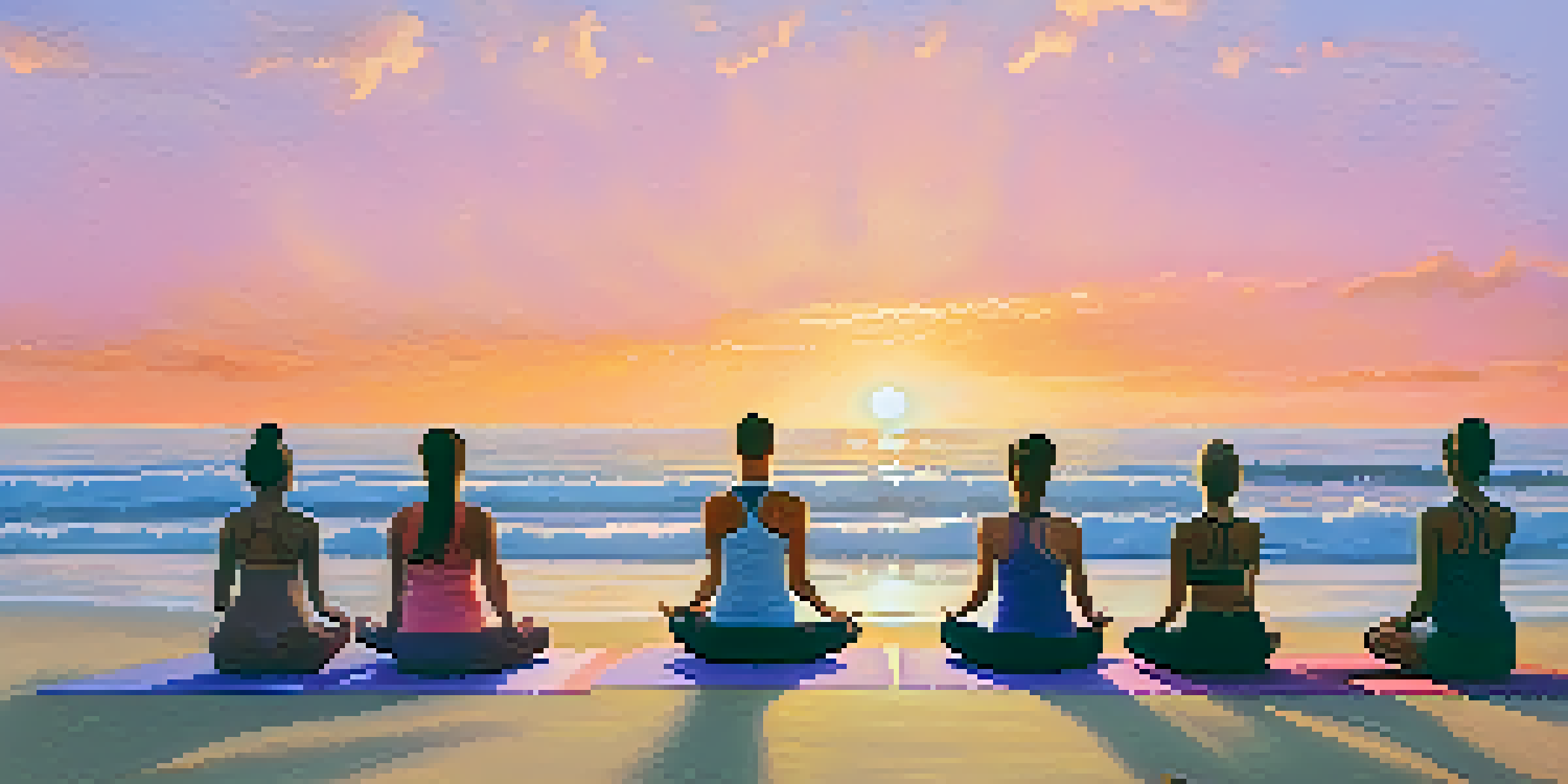 A diverse group of individuals practicing yoga on a beach at sunrise, with a colorful sky and gentle ocean waves.