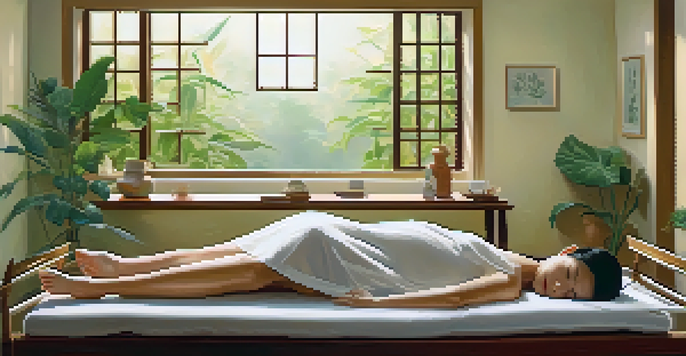 A peaceful acupuncture session in a dimly lit room with a person relaxing on a treatment table, surrounded by calming decor and natural light.