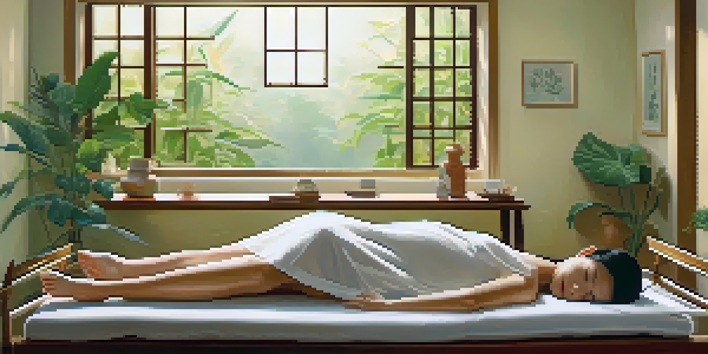 A peaceful acupuncture session in a dimly lit room with a person relaxing on a treatment table, surrounded by calming decor and natural light.