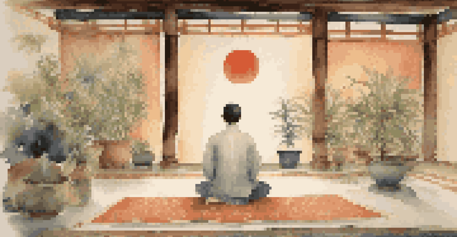 A person meditating in a softly lit room adorned with candles and plants, seated cross-legged on a mat with a peaceful expression.