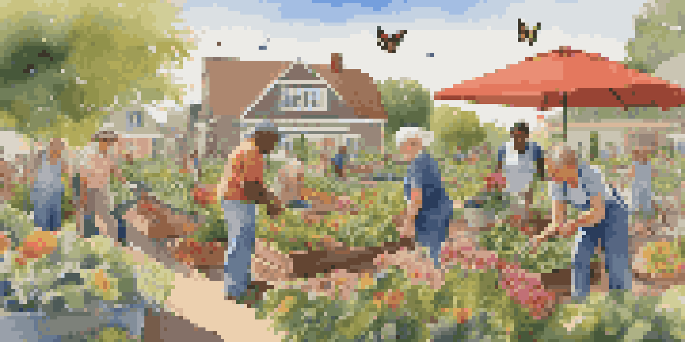 A diverse group of people tending to a colorful community garden under a sunny sky, illustrating cooperation and community spirit.
