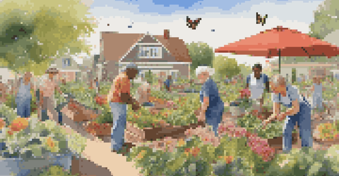 A diverse group of people tending to a colorful community garden under a sunny sky, illustrating cooperation and community spirit.