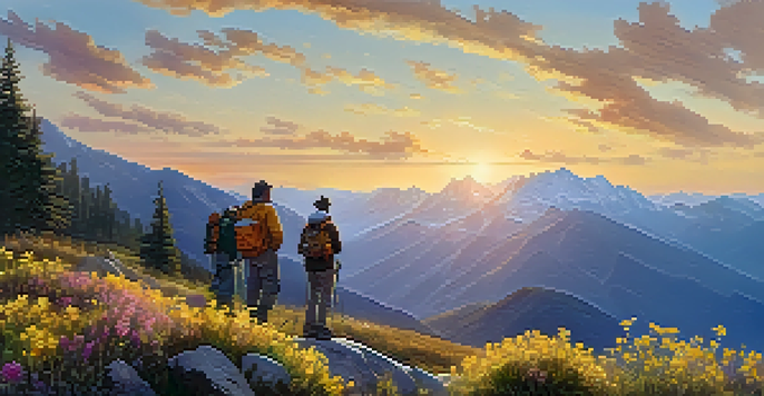 A peaceful mountain scene at sunrise with diverse individuals collaborating and supporting each other; warm golden light and colorful wildflowers enhance the atmosphere.