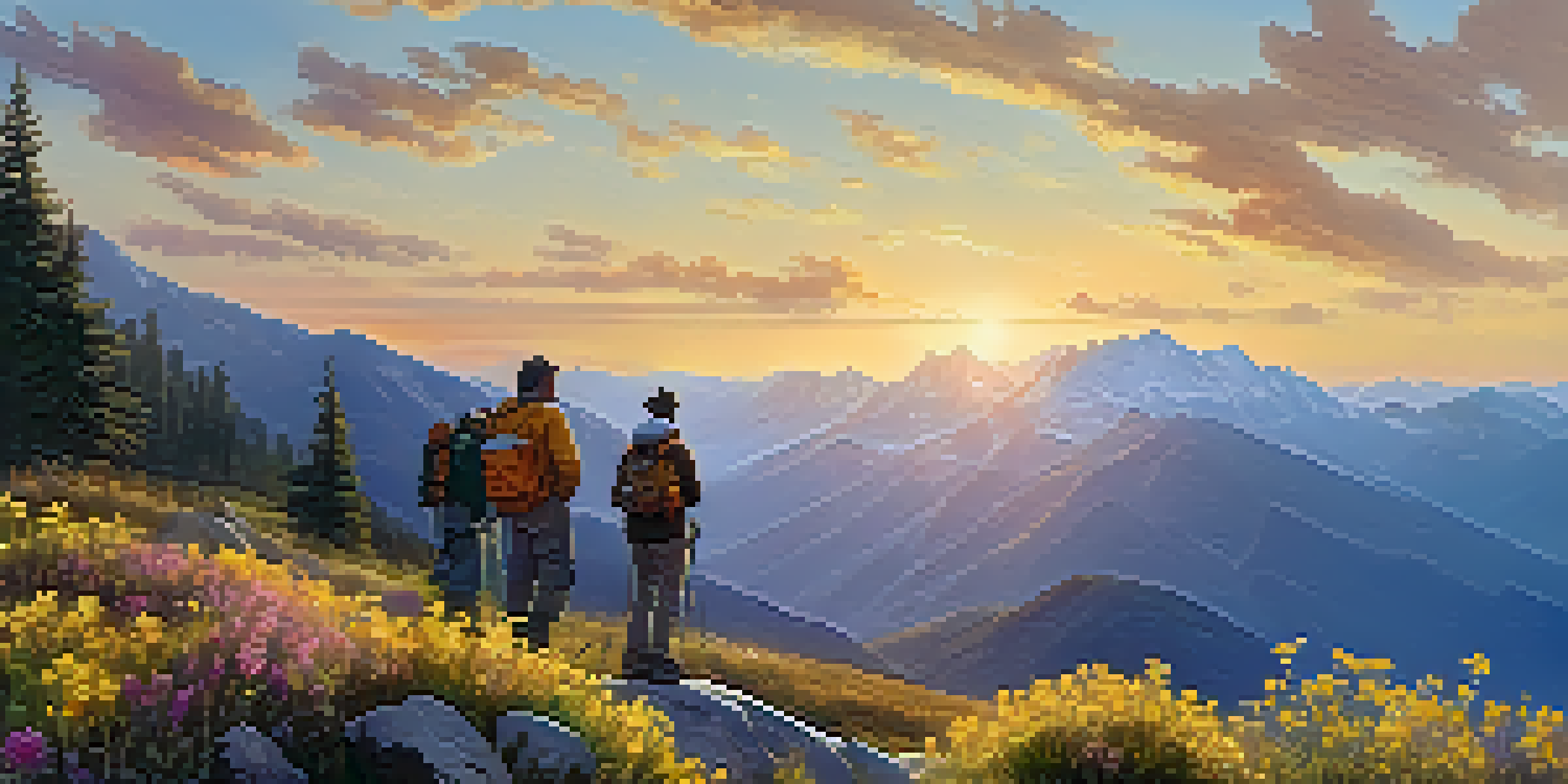 A peaceful mountain scene at sunrise with diverse individuals collaborating and supporting each other; warm golden light and colorful wildflowers enhance the atmosphere.